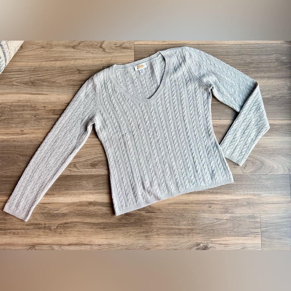 Gray Cable Knit Lambs Wool Blend V-Neck Pullover‎ Sweater M